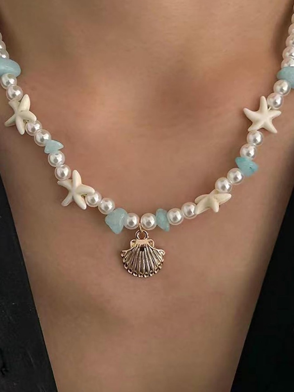 Anthropologie Pearl & Pale Blue Shell Charm Necklace